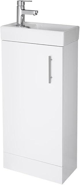 NUIE NVX192 Vault Modern Bathroom Single Soft Close Door Floor Standing Vanity Unit with 1 Tap Hole Ceramic Basin, 400mm, Gloss White, H: 781mm, W, D: 222mm, Set of 2 Pieces