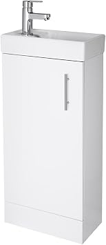 NUIE NVX192 Vault Modern Bathroom Single Soft Close Door Floor Standing Vanity Unit with 1 Tap Hole Ceramic Basin, 400mm, Gloss White, H 781mm, W, D 222mm, Set of 2 Pieces
