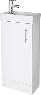 NUIE NVX192 Vault Modern Bathroom Single Soft Close Door Floor Standing Vanity Unit with 1 Tap Hole Ceramic Basin, 400mm, Gloss White, H: 781mm, W, D: 222mm, Set of 2 Pieces