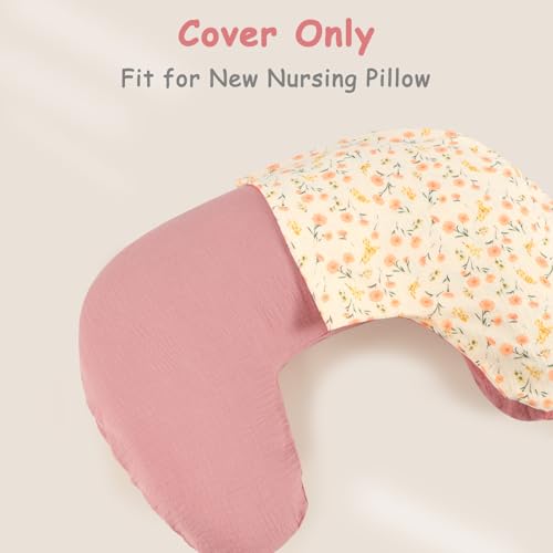 Hooyax Muslin New Nursing Pillow Covers 2 Pack, Soft and Breathable Nursing Covers for New-Designed Breastfeeding Pillows, Adorable Infant Feeding Pillow Slipcover for Baby Boy and Girls (Pink Flower)