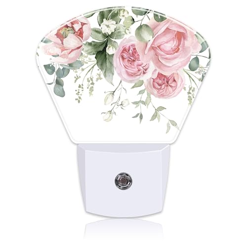 Image of Watercolor Pink Flowers Night Light Plug into Wall, Pink Roses Night Light with Dusk to Dawn Sensor for Kid Girls Boys Women Men Room, Hallway, Kitchen, Bathroom, Stairs Decor