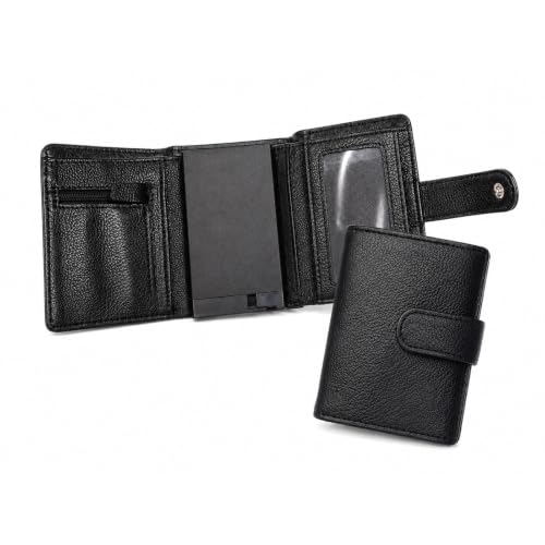 Image of SLIQE Men's Pop-Up Wallet with RFID Protection | Pure NDM Leather Trifold Wallet | 6-7 Card Holder, ID Slot, Cash Pocket, Coin Pouch |(Black)