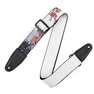 2-Inch Wide Polyester Guitar Strap with Cherry Blossoms & Snow Motif Dye-Sublimation Printed White, Warm Grey, Dark Warm Grey, & Red Cherry Blossoms with Snow Motif Pin Hole Stitching on Leather Ends Prevents Stretching 65” Max Length with Tri-Glide ...
