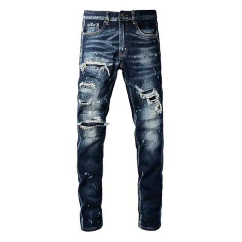 Men Streetwear Holes Patchwork Stretch Denim Slim Tapered Jeans