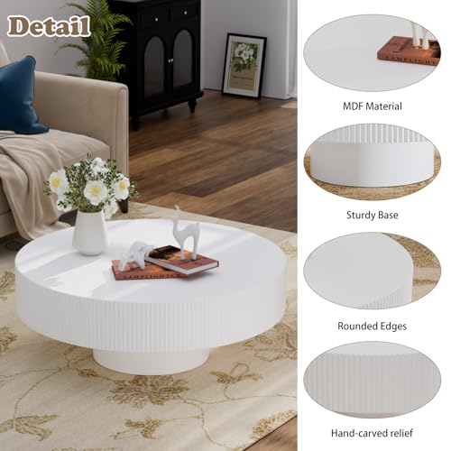 Souwofs 30.9" Round Coffee Table For Living Room, Modern Luxury Wood Coffee Table White Circle Accent Table Drum Center Table For Office, Apartment - 3