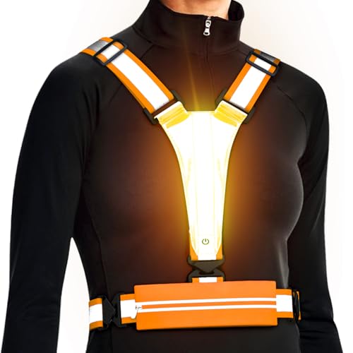 Ylzzrs Chaleco Reflectante LED para Correr, Chaleco con luz, Soporte para teléfono para Corredores de Noche, 6-11 Horas, Cintura Ajustable con luz y Hombro para Mujeres, Hombres y niños (Naranja)
