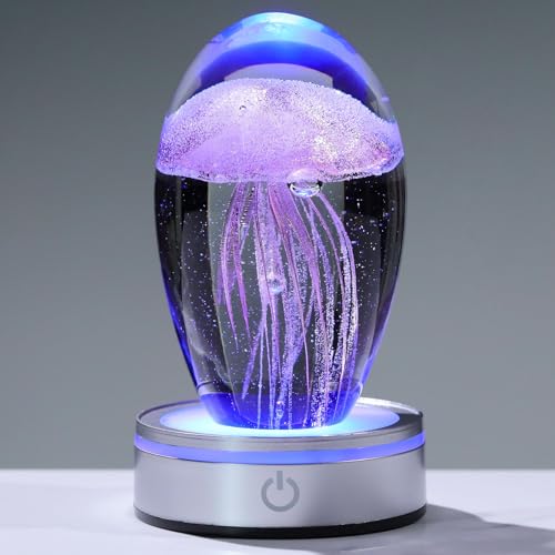 Enjinkail Handmade Jellyfish Lamp – Crystal Glass Figurine Colorful LED Night Light, Ocean-Themed Desk Decor, Aquarium & Beach Room Decor – Gifts for Women Nature Lovers (Pink)