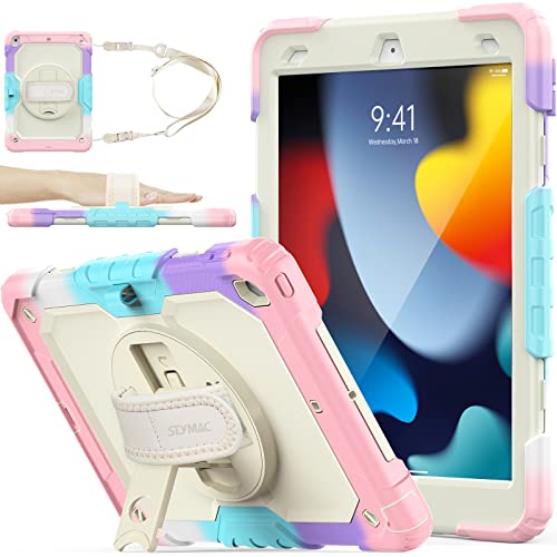 SEYMAC stock iPad 10.2インチ 第9世代/第8世代/第7世代 ケース 耐衝撃 保護フィルム付き ペン収納 360°回転スタンド ハンドストラップ ショルダーストラップ 全面保護カバー (色とりどり+ピンク)のサムネイル