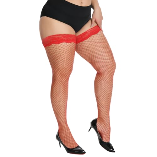 MANZI Women's Plus Size Fishnet Thigh High Stockings Silicone Lace Top Sheer Over Knee Stockings Stay Up Lingerie Tights