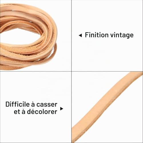 QUARKZMAN 3 Mètres de Cordon en Cuir Plat de 4 mm, Bandes de Laçage en Cuir pour Bricolage, Couleur Marron Foncé – vue 3