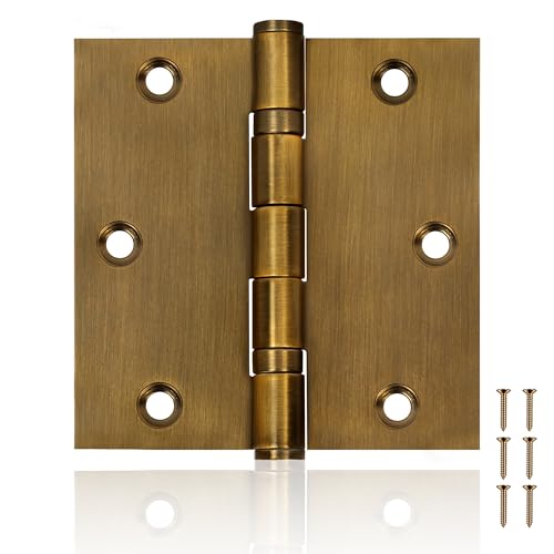Komsen 6 Pack 3.5 x 3.5 Heavy Duty Stainless Steel Door Hinges - Non-Removable Pin with Square Corners for Interior & Exterior Doors (Brass)