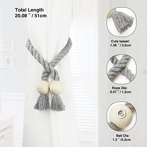 Nieffeiy 2 Pack Magnetic Curtain Tiebacks Cotton Hand Woven Tie Back Decorative Rope Holdbacks for Curtains Draperies No Tools Required, Grey - Image 3