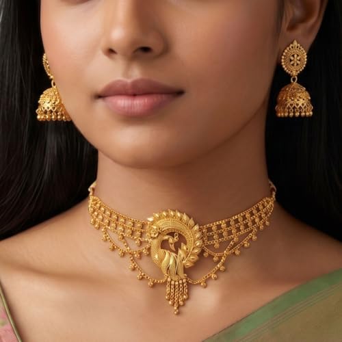 Image of Gold Plated Bridal Choker Necklace Set with Jumka Earring for Women with Earrings