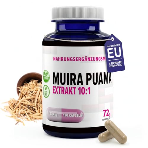 Muira Puama (Potenzholz) 5000mg Äquivalent (500mg von 10:1 Extrakt) 120 Vegane Kapseln, Laborgeprüft, Hochdosiert, Nicht GVO, keine Füllstoffe oder Zusatzstoff