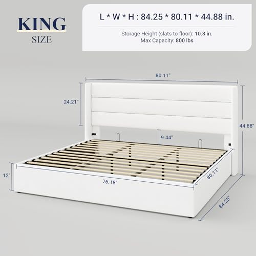 Allewie King Size Velvet Lift Up Storage Bed, Modern Wingback Headboard, Hydraulic Support, No Box Spring Needed, White