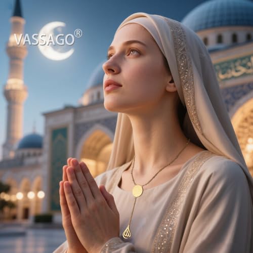 VASSAGO Islamic Ayatul Kursi Oval Necklace for Women Allah Teardrop Necklaces Arabic Muslim Quran Calligraphy Pendant Stainless steel Pendant Islam Eid Ramadan Gift Jewelry (Ayatul Kursi Necklace-G) by VASSAGO - Used condition - Image 2