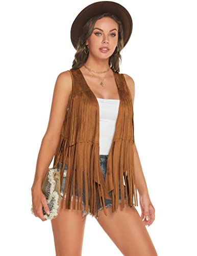 Zeagoo Women's Fringe Vest 70S Outfits For Women Hippie Faux Suede Fringe Jacket Fashion Vest Festival Clothing Brown L #TOP2