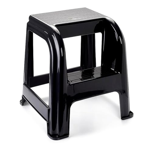 Tradineur - Taburete Domus con Escalón - Fabricado en Plástico - Ideal para Uso Tanto Profesional como doméstico - Peso MAX 150 kg - 44 x 42 x 45 cm - Color Negro