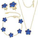 BAREEK Clover Jewelry Set 3pc-18k Gold Plated Four Leaf Necklace, Clover Bracelet, Clover Earrings, Hypoallergenic Non-Tarnish, 4 Lucky Jewelry Gift Favors for Women Gold Jewelry Sets for Women/Blue