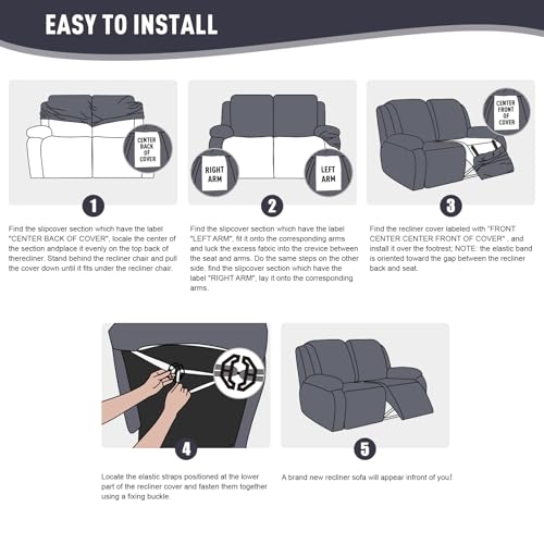 KinCam Recliner Covers, Stretch Reclining Chair Covers, Recliner Sofa Slipcovers Stripe Jacquard Recliner Couch Covers Furniture Protector Covers for Pet Kid (2XL Seater, Dark Gray)