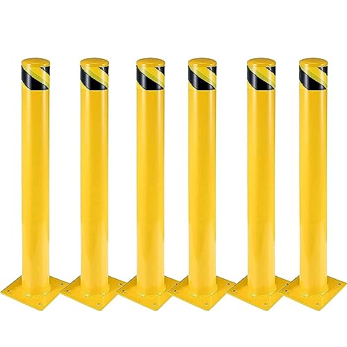 Safety Bollard, 6 Packs 48 in Height Bollard Post, 4.5 in Diameter, Yellow Safety Steel Bollard Post, with 24 Anchor Bolts, for Traffic Control, Drive