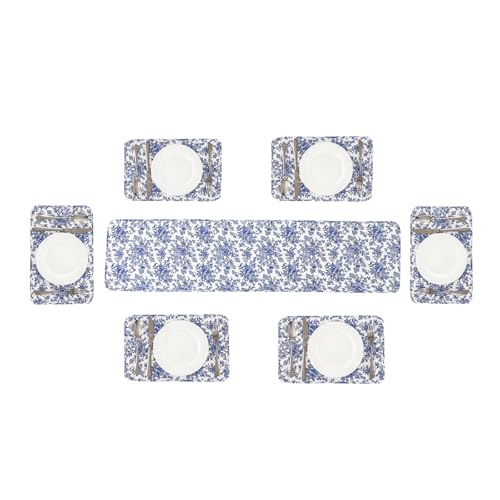 Sunshine Nicole Placemat and Table Runner Set of 7, Printed Pattern of Blue Floral, for Kitchen Table Indoor and Outdoor, 100% Cotton Fabric with Diamond Quilting, Prewashed