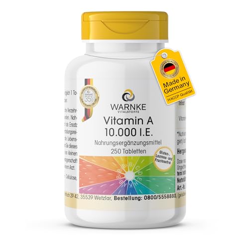 Vitamina A 10.000 UI - 250 comprimidos - fáciles de tragar - 3000 μg por unidad - acetato de retinilo - ALTA DOSIS - Calidad de farmacia alemana - vegano | Warnke Vitalstoffe