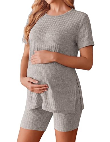 Image of Ekouaer Maternity Sets 2 Piece Outfits Ribbed Knit Short Sleeve Shirts and Biker Shorts Pregnancy Loungewear Mama Clothes