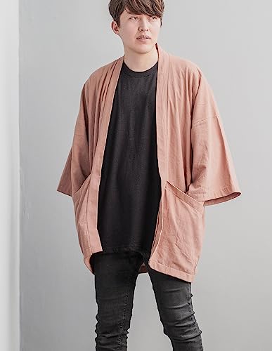 Men\'s Cotton Linen Kimono Cardigan 2 Pockets Oversized Noragi Jacket Man Haori Summer Yukata Beach Robe (Brown) - Thumbnail 2