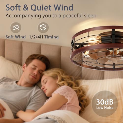 Image of VOLISUN Farmhouse Caged Ceiling Fans with Lights Flush Mount, 19.7'' Rustic Low Profile Ceiling Fan with Light and Remote, Bladeless Fandelier Ceiling Fans with Lights for Kitchen, Bedroom(Wood)