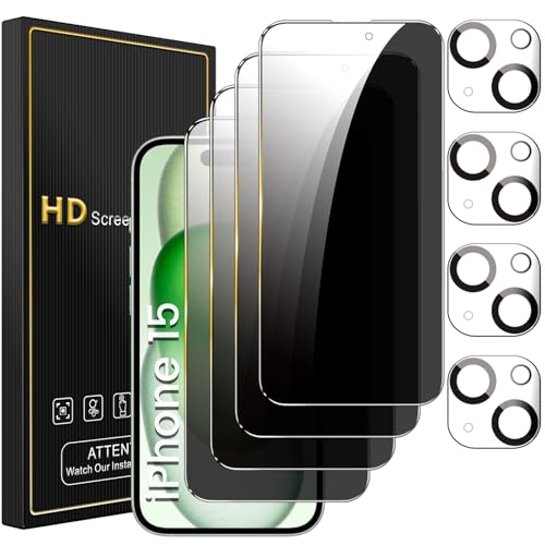 Romkasi 4 Pack Privacy Screen Protector for iPhone 15 6.1 Inch with 4 Pack Camera Lens Protector, Anti Spy Tempered Glass Film, Anti-Scratch, Touch Sensitive, Case Friendly