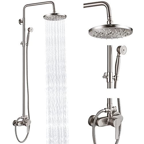 Exposed Pipe Shower System Brushed Nickel 8 Inch Rainfall Showerhead Shower Faucet Fixture Combo Set Brass Single Handle With Hand Sprayer Adjustable Slide Bar Dual Functions #TOP28