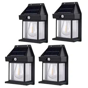 TRU TOYS LED Solar Wall Lights, Outdoor Lantern 3 Modes Motion Sensor Porch Lights Fixture Mounted, Dusk to Dawn Solar Lamp, Wireless Waterproof Clear Panel Exterior Lighting for Entryway (Pack of 4)