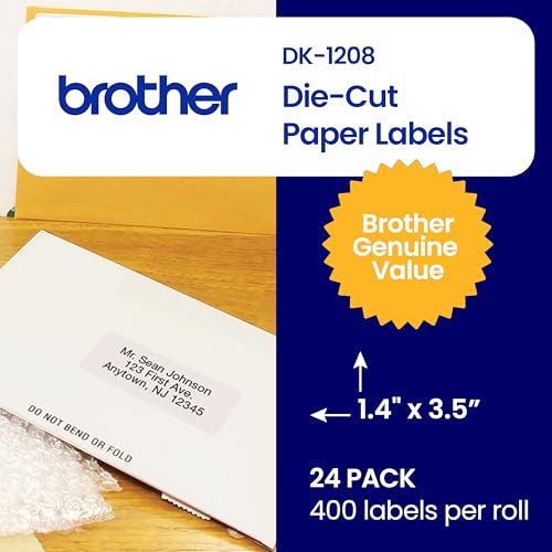 Image of Brother Genuine DK-120824PK Die-Cut Large Address Labels, 1.4 inch x 3.5 inch, Long Lasting Reliability, Paper Labels, 400 Labels per Roll, 24 Rolls per Box, White
