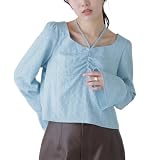 [フリーズマート] フロントギャザーネックリボン付きブラウス【ブルー/Free Size】