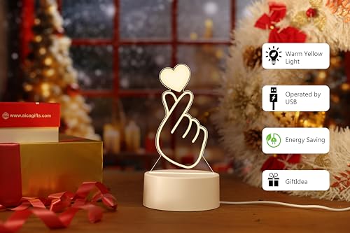 Image of AICA 3D Illusion Korean Heart BTS Led Lamp (White) Color Base � Korean Heart BTS Army Merch Gifts for Girls Women Girls Friends Girlfriend Teens