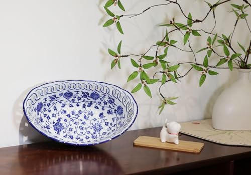 Aimusego Blue and White Porcelain Fruit Bowl, Hand Painted Floral Retro Hollow Ceramic Fruit Tray Plate Dish, Colander, Chinoiserie Oval Decorative Candy Serving Basket for Housewarming by Aimusego - Used condition - Image 7
