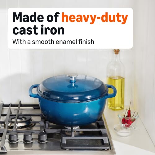 Image of Amazon Basics Enameled Cast Iron Dutch Oven Pot with Lid, Round, Dual Handles, Heavy-Duty, Oven Safe for Stews, Roasting, Baking,4.3-Quart, Blue