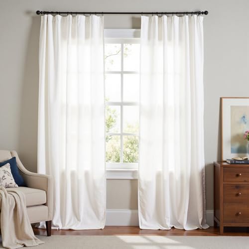 Image of jinchan Linen Curtains Light Filtering Back Tab 60x90 Inch 2 Panels White