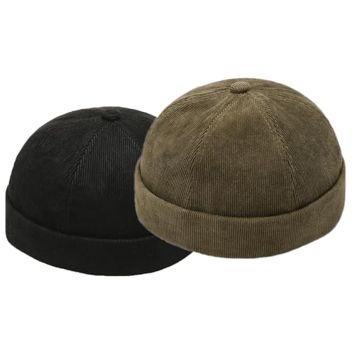 Image of ThiCc Unisex Corduroy Docker Hat - Rolled Cuff Brimless Beanie Sailor Cap with Metal Buckle Adjustable Retro Skullcap Work Beanie Harbour Hat for Mens Womens (2pcs,Set 3)