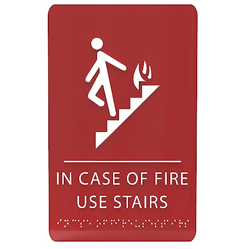 ADA CENTRAL SIGNS - 6" X9" In Case of Fire Use Stairs Sign - ADA Compliant Tactile Graphics Grade 2 Braille Text | Fire Safety Emergency Exits Wall Signs for Malls, Office, Schools, and Restaurants
