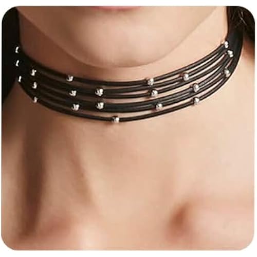 Aimimier Bohemia Layered Choker Necklace Black Leather Choker with Silver Beads Multilayer Collar Necklace for Women