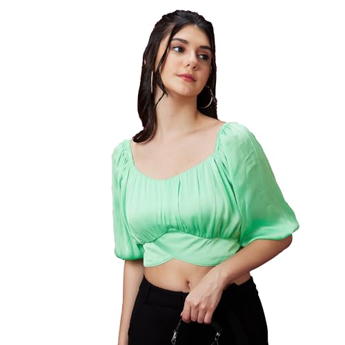 Image of Globus Women Green Solid Back Tie-Up Party Crop Top-3639937001