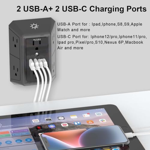 Outlet Extender Surge Protector - NUOZHI 6 Outlet Splitter with 4 USB Ports(2 USB-C) and Night Light, Multi Plug Wall Outlet 1680J Power Strip for Home Office Dorm Room Essentials, ETL, Black - Image 3
