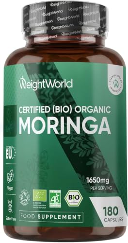 WeightWorld Organic Moringa - Organic Moringa Leaf Powder (Moringa oleifera) - Supports Normal Nutrient Intake & Antioxidant Defence - for Adults - Unflavoured - Non-GMO - 1 650 mg - 180 Capsules