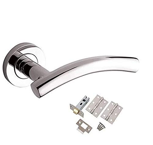 Golden Grace Door Handle Arched T-Bar Lever On Round Rose Furniture Polished Chrome Finish with Latch & Hinges - 1 Set