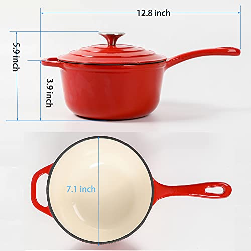 Hawok Cast Iron Enameled Sauce Pan 2Qt Red #TOP1