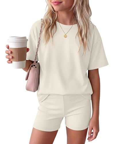 Image of Oakgarden Summer Outfits for Girls 5-14Y Athletic Casual Sets Kid Short Sleeve Shirt Bike Shorts 2 Piece Tween Trendy Clothes