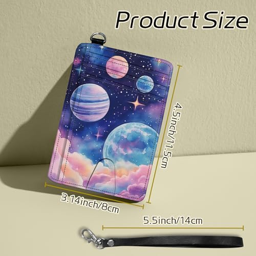 Image of Small Travel Wallets, Pink Starry Planets Slim Minimalist Front Pocket Wallet with Wristlet, RFID Blocking PU Leather Credit Card Holder with ID Window Change Purse for Men Women