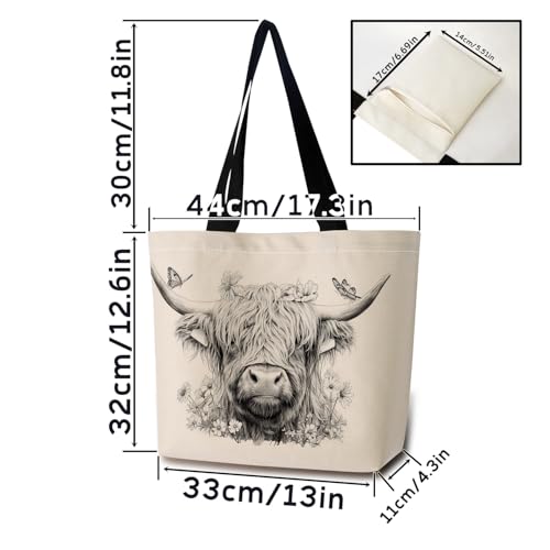 Sketch Highland Cattle Tote Bag Reusable Grocery Bags Cute Aesthetic Shopping Shoulder Handbag with Interior Zipper Pocket Stylish Sketch Highland Cattle Present for Women2